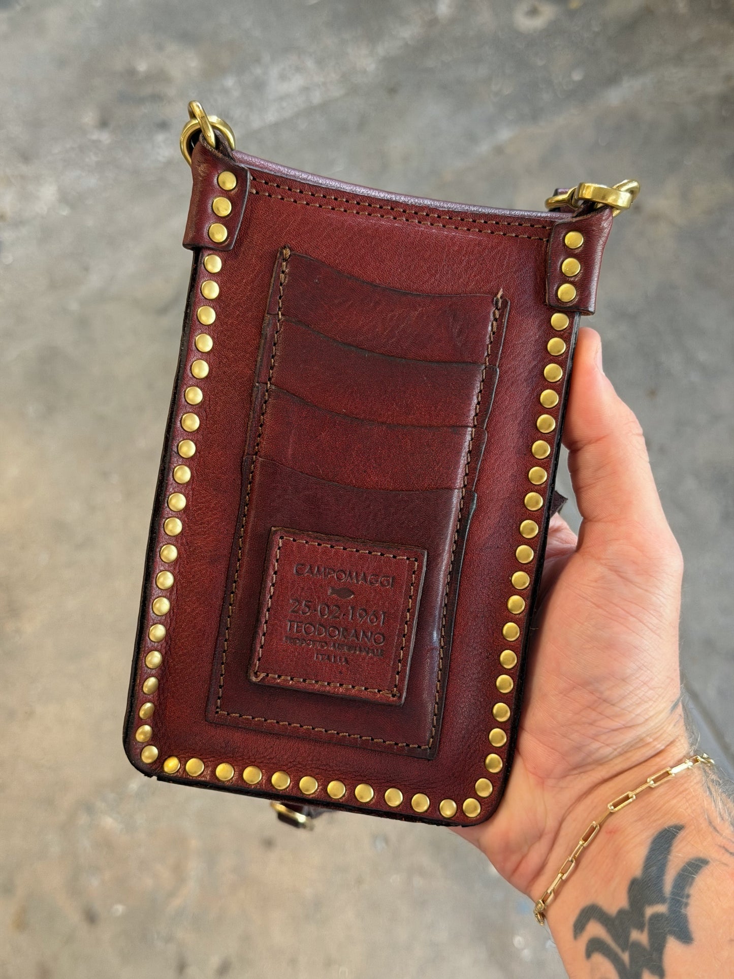 Campomaggi Leather Studded & Embellished Card & Phone Holder in Vinaccia