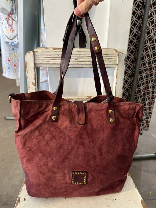 Campomaggi Canvas Leather Shopping Bag in Burgundy