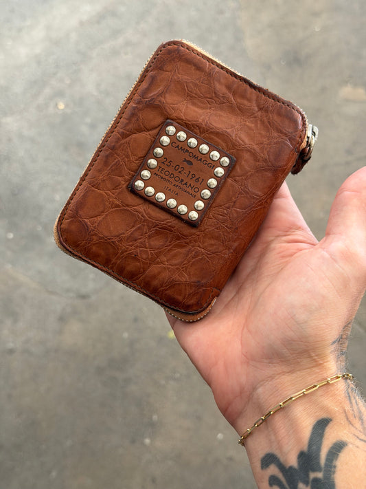 Campomaggi Leather Embossed Zip Bifold Wallet in Cognac