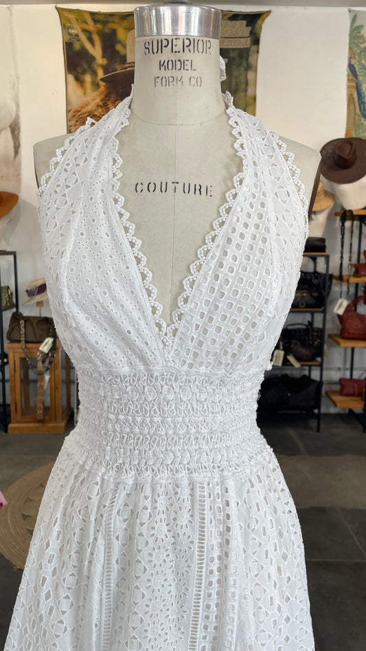 Temptation Positano Halter Eyelet Bianco Mini Dress