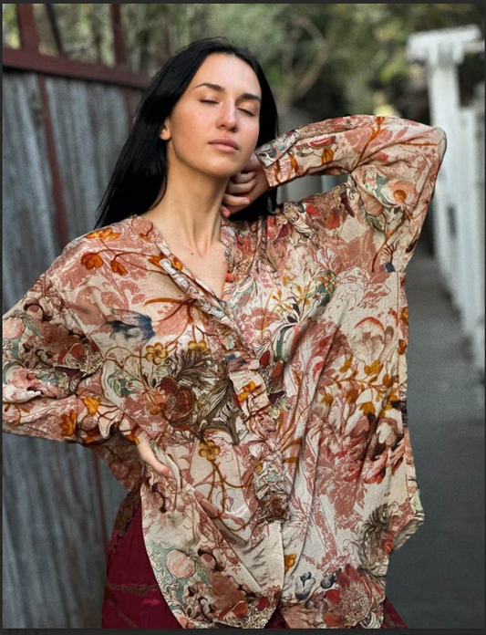 Yavi Autumn Floral Button Up with Ruffle