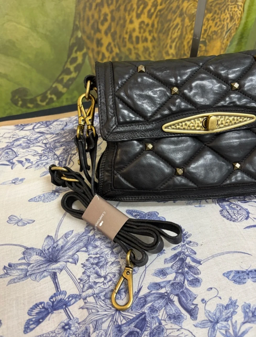 Campomaggi Leather Gold Studded Shoulder Bag in Nero