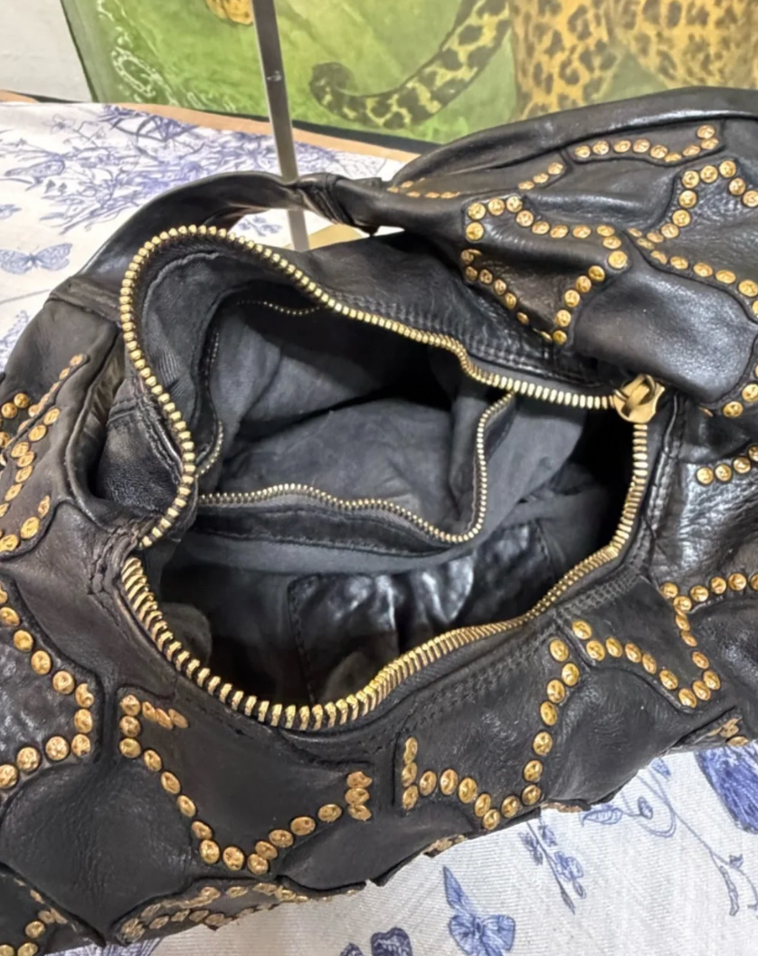 Campomaggi Marisa Gold Studded Leather Shoulder Bag in Nero