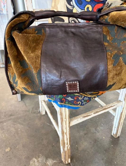 Campomaggi Atena Floral Velvet Jacquard and Leather Bag in Giallo & Moro