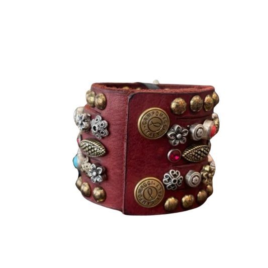 Campomaggi Red Leather Cuff/Bracelet with Multicolored Embellishments