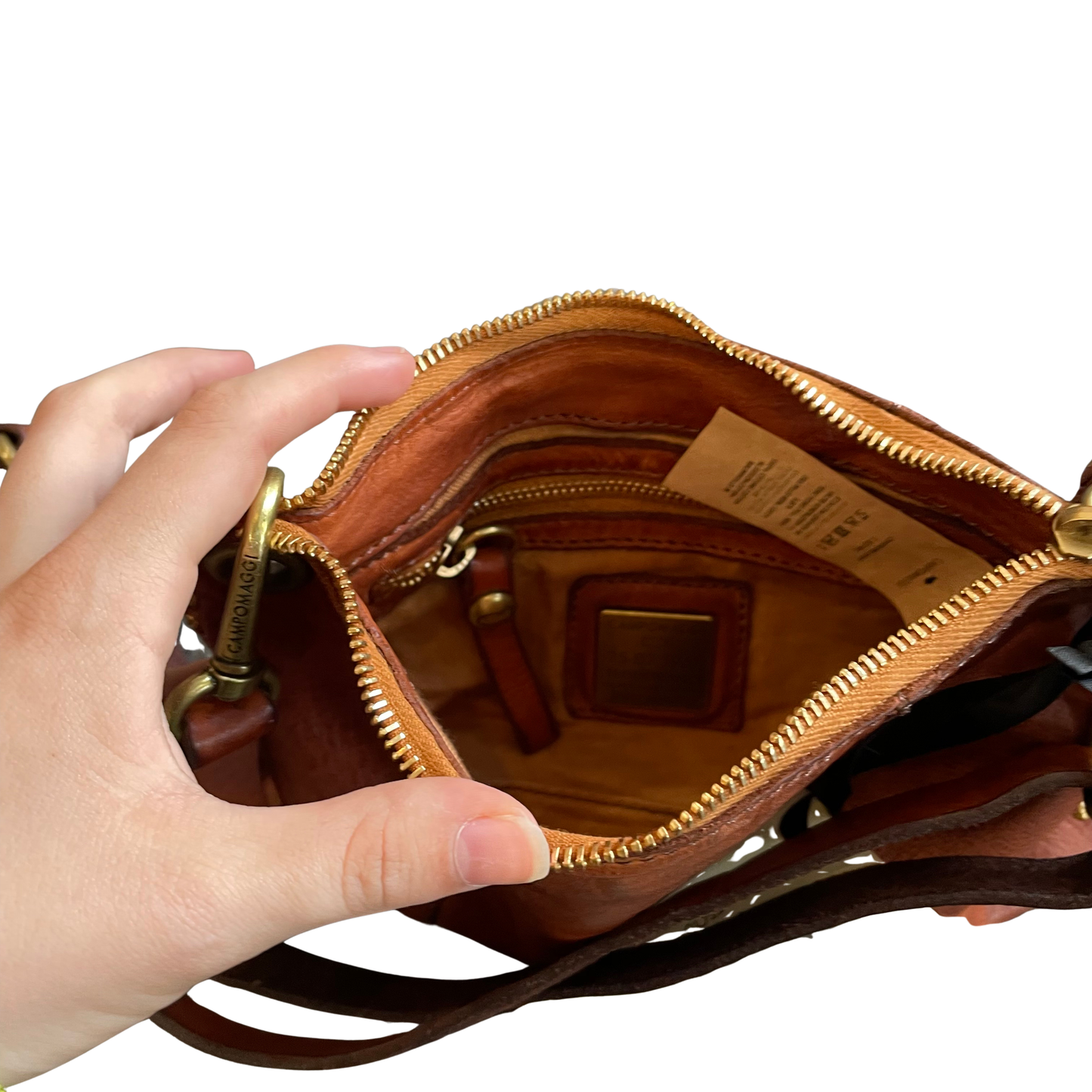 Campomaggi Crossbody Bag with Gold Toned Rivets in Cognac