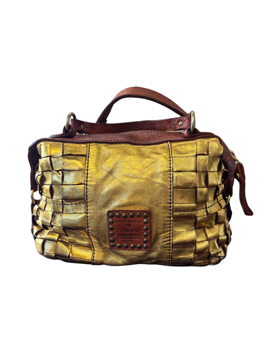 Campomaggi Woven Metallic Gold Leather Bag in Oro/Cognac