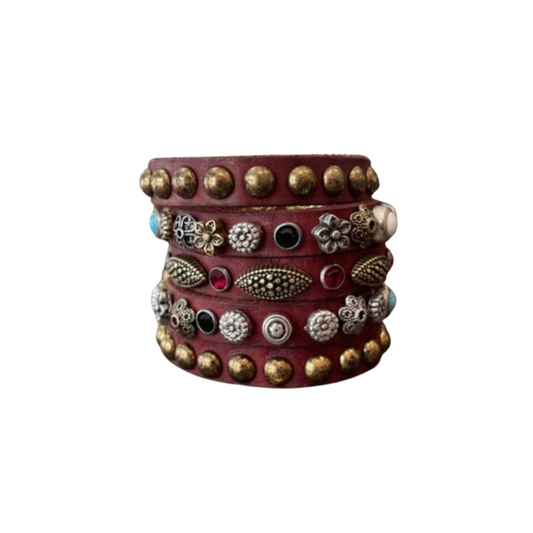 Campomaggi Red Leather Cuff/Bracelet with Multicolored Embellishments