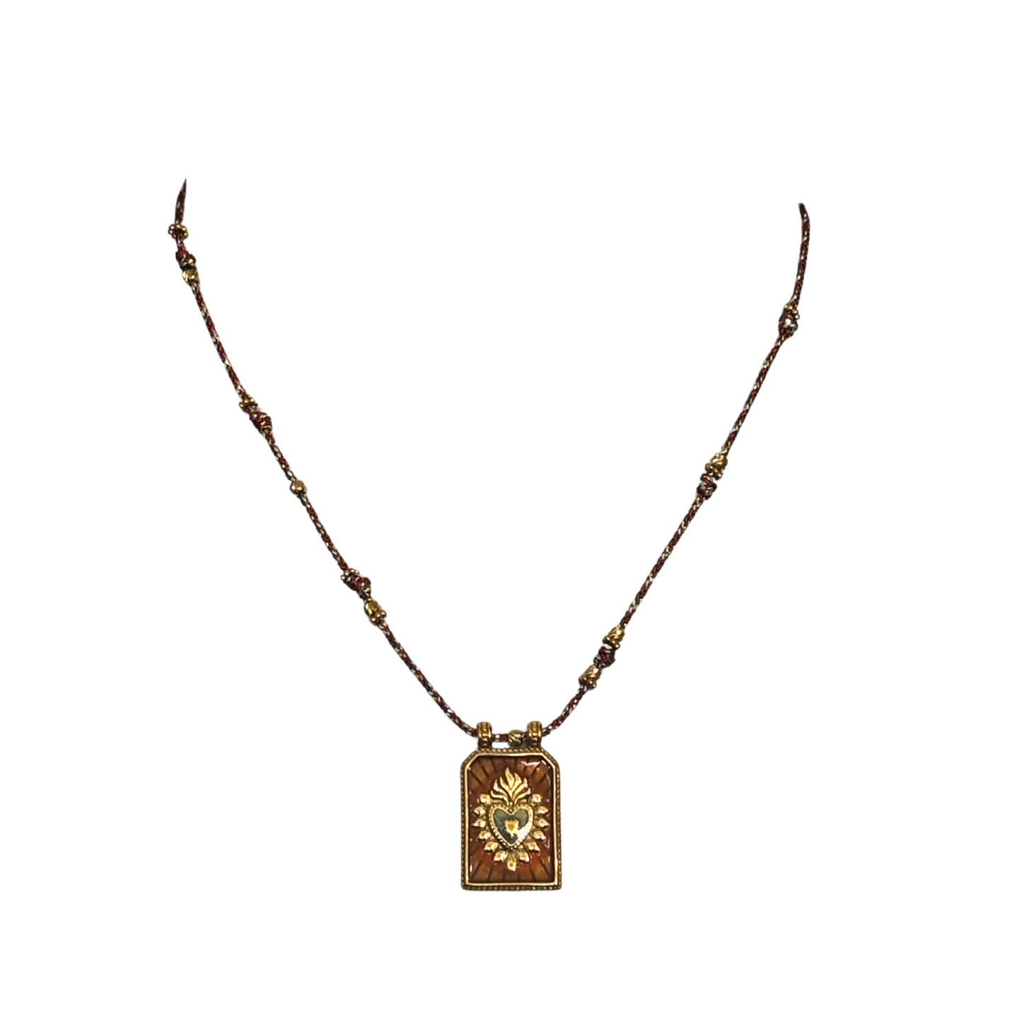 Habaha Paris Sacred Heart Pendant Thread Chain Gold Toned Beads Stainless Steel