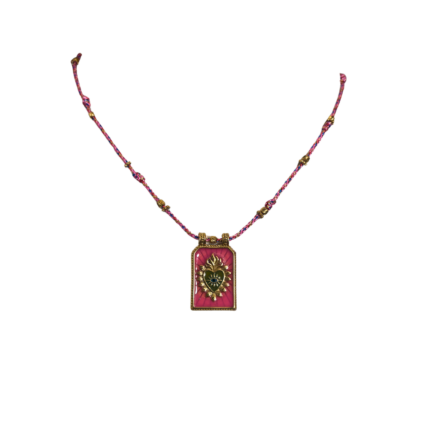 Habaha Paris Pink Sacred Heart Pendant Pink Thread Chain Stainless Steel