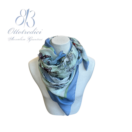 813 Ottotredici Blue and Green Floral Print Scarf