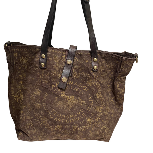 Campomaggi Canvas Tote With Gold Paisley Print in Moro