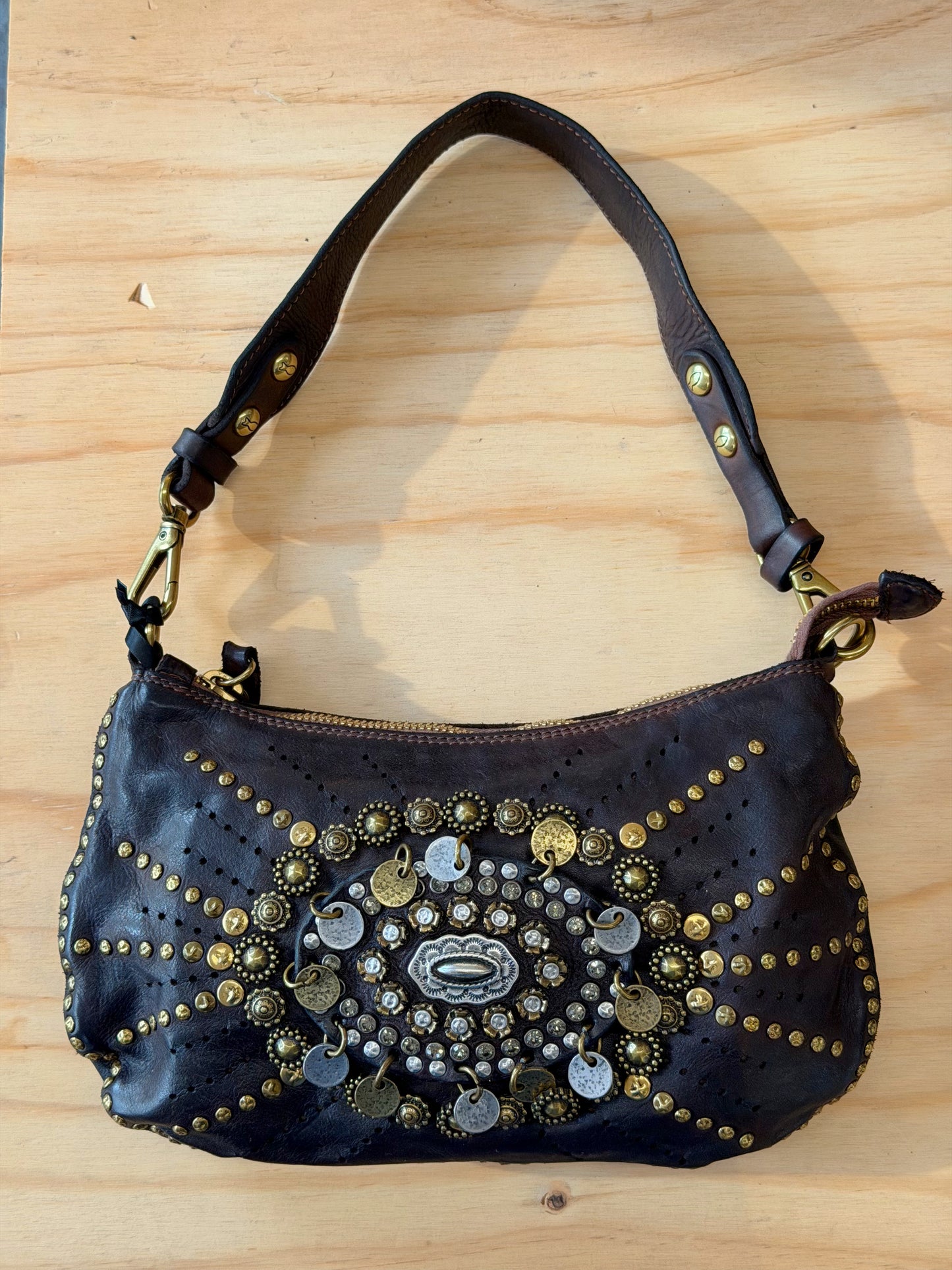 Campomaggi Leather Studded & Embellished Shoulder Bag in Moro