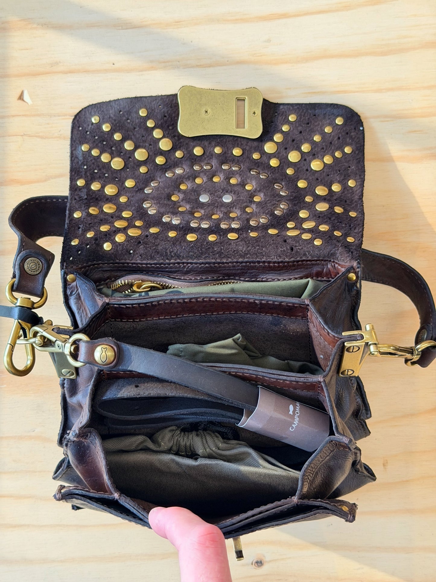 Campomaggi Leather Studded & Embellished Shoulder Bag in Moro