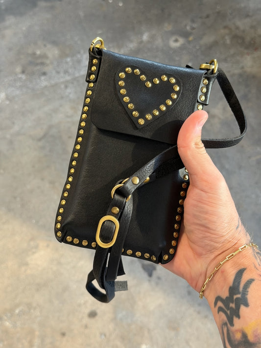 Campomaggi Leather Studded Phone & Card Holder in Black