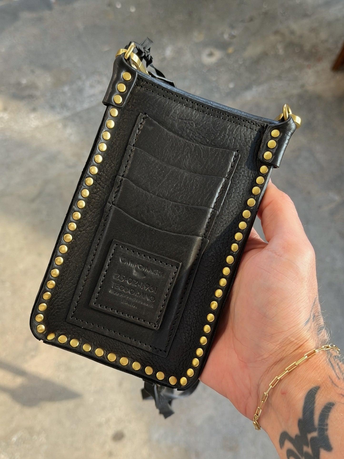 Campomaggi Leather Studded Phone & Card Holder in Black