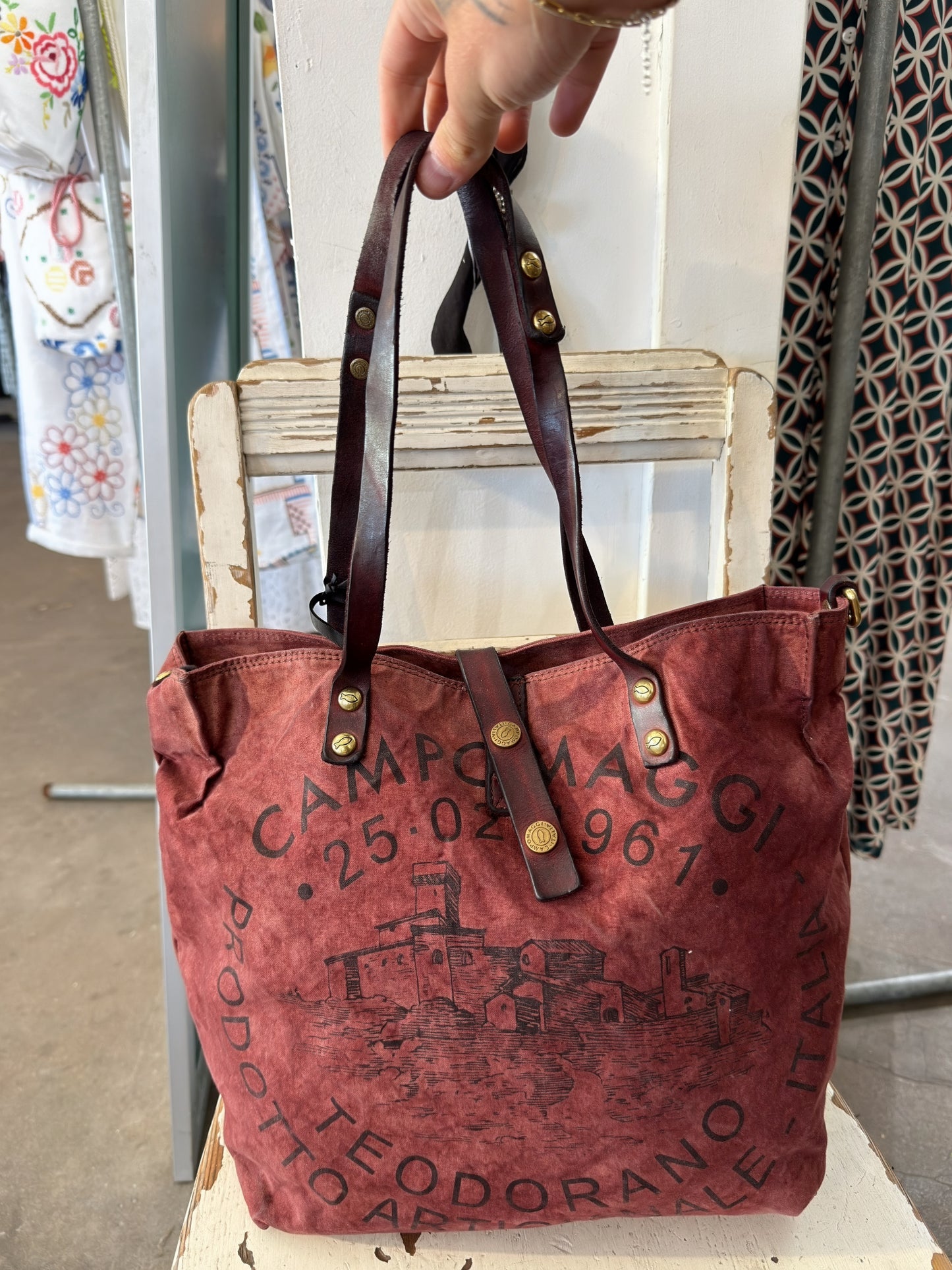 Campomaggi Canvas Leather Shopping Bag in Burgundy