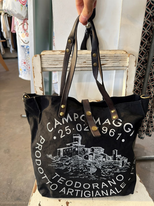 Campomaggi Canvas Leather Shopping Bag in Black