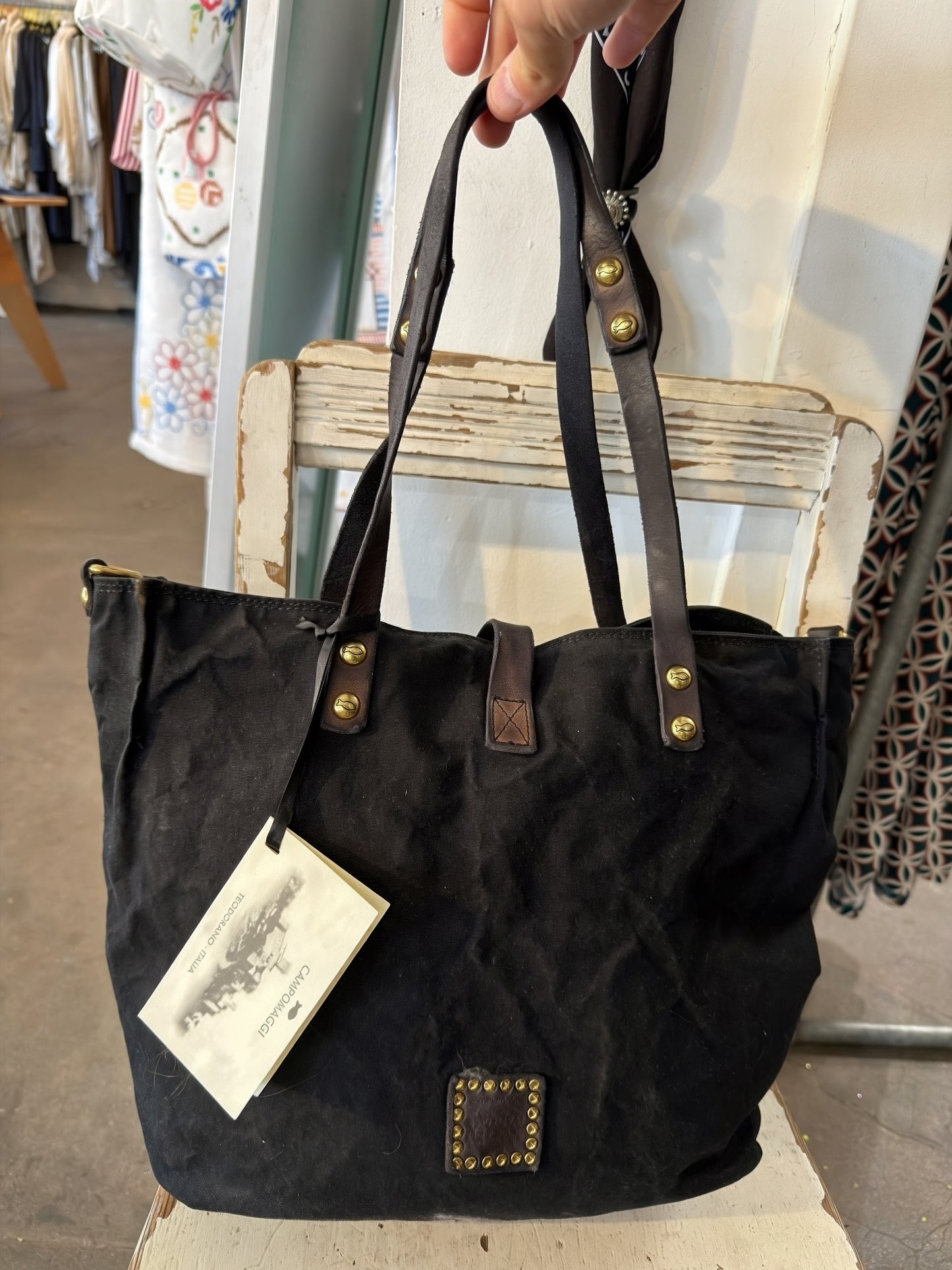Campomaggi Canvas Leather Shopping Bag in Black