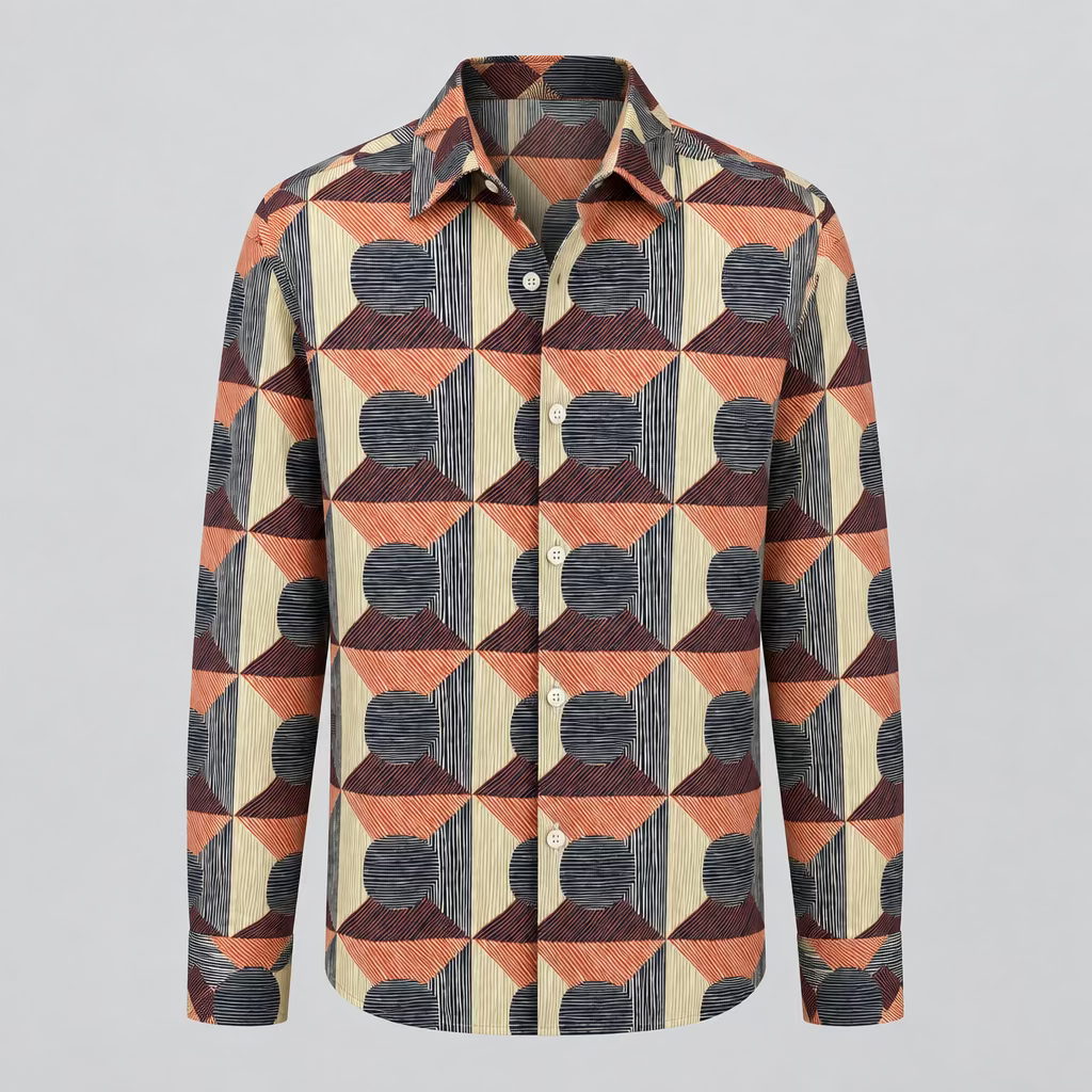 A long-sleeve button-up shirt with a retro geometric pattern in beige, terracotta, and dark gray, displayed on a white mannequin torso in a clothing store.