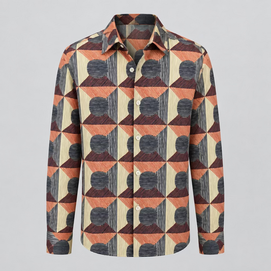 A long-sleeve button-up shirt with a retro geometric pattern in beige, terracotta, and dark gray, displayed on a white mannequin torso in a clothing store.