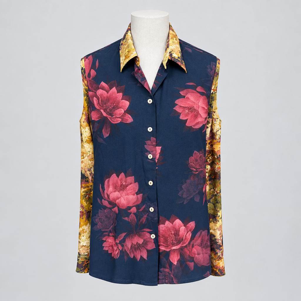 A long-sleeve button-up shirt displayed on a mannequin torso in a retail store. The shirt has a dark navy blue base with large pink floral prints and patterned gold sleeves.
