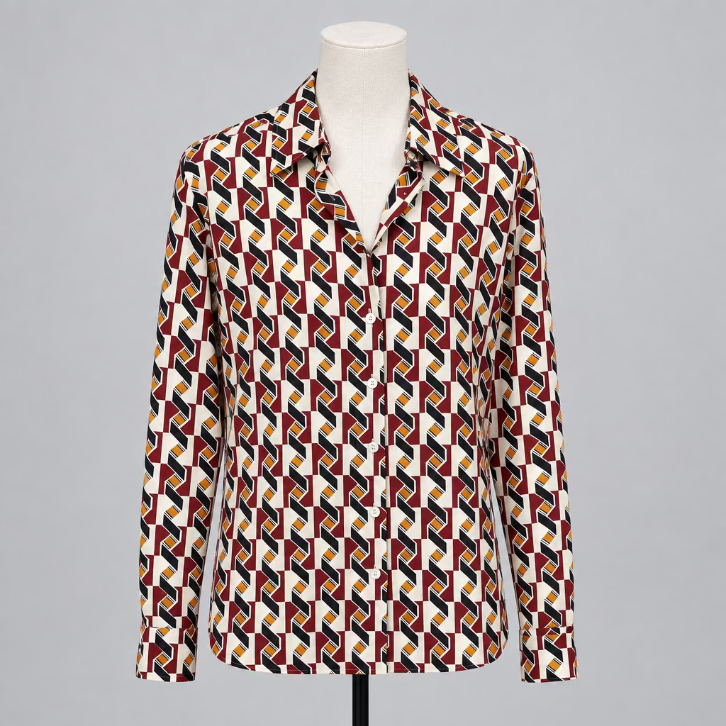 A long-sleeve button-up shirt with a bold geometric pattern in red, yellow, blue, and black on a white base, displayed on a mannequin in a clothing boutique.