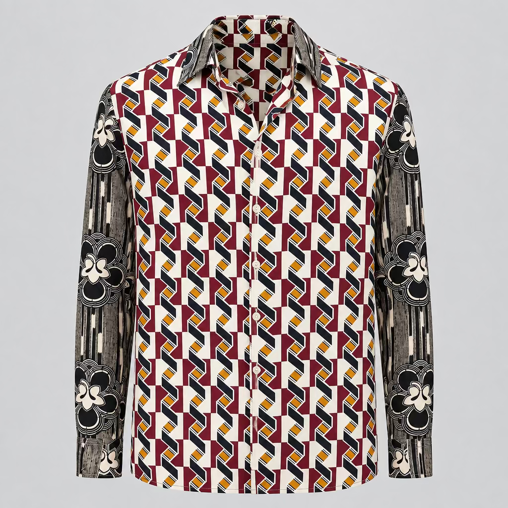 A long-sleeve button-up shirt with a bold geometric pattern in red, yellow, black, and white, displayed on a mannequin torso in a retail store setting.