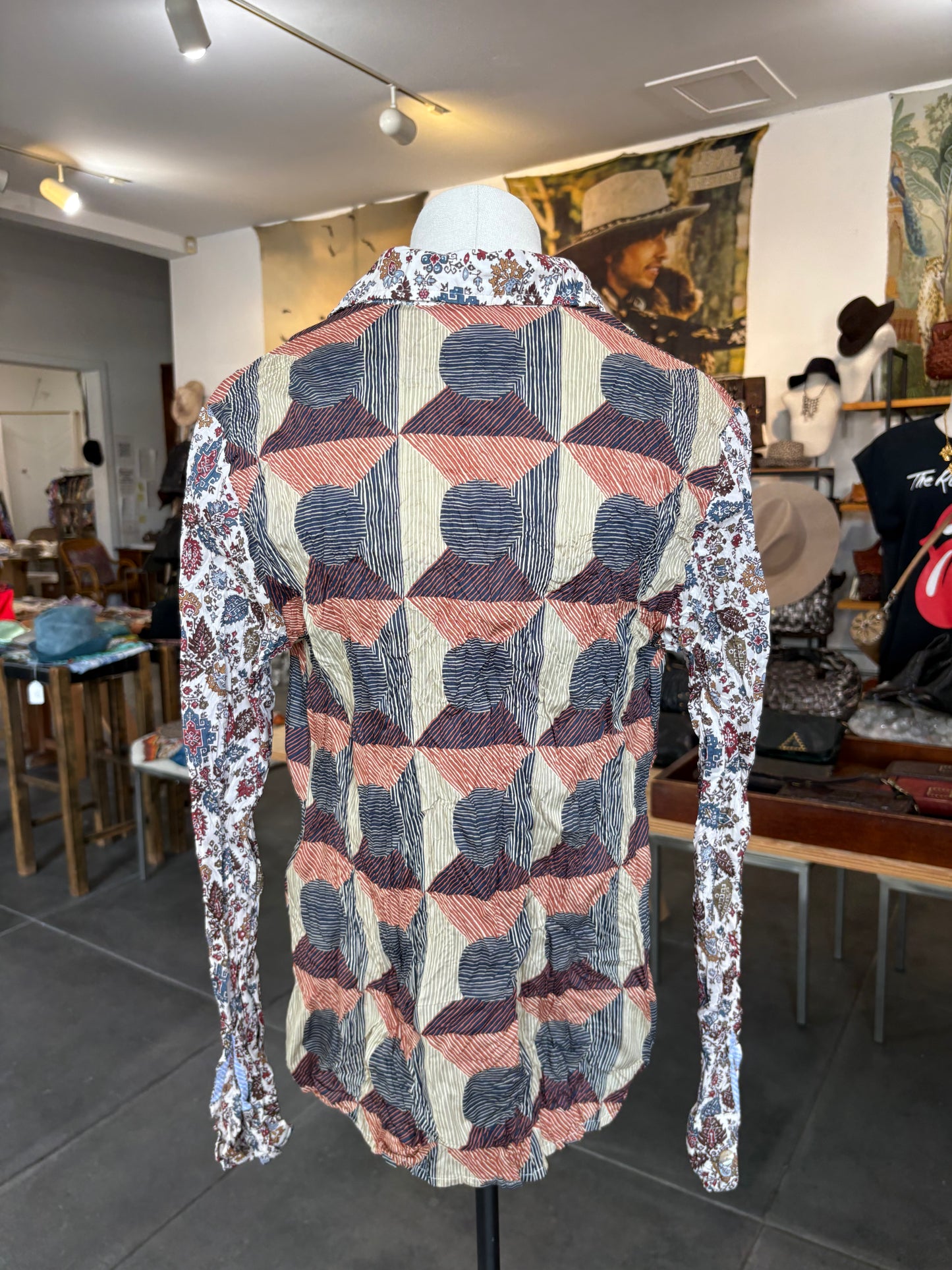 Miki Thumb Washed Cotton Print Block Classic Shirt