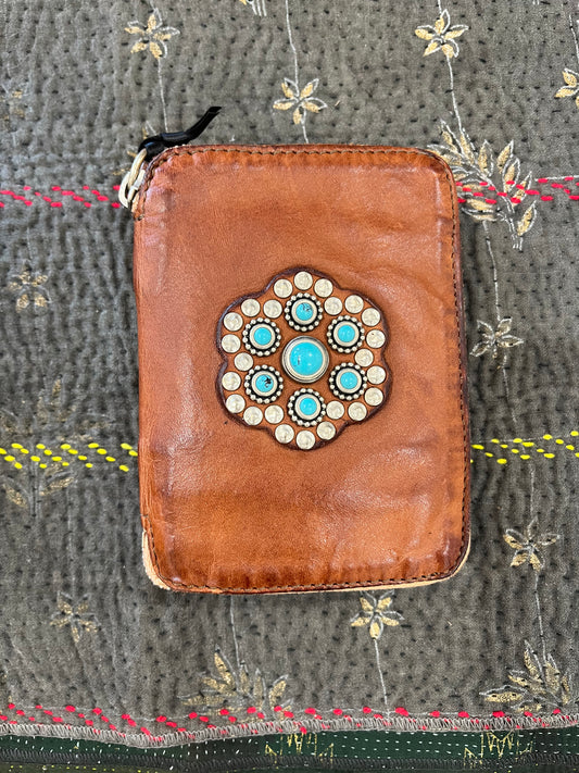 Campomaggi Leather Blue Studded Wallet in Cognac