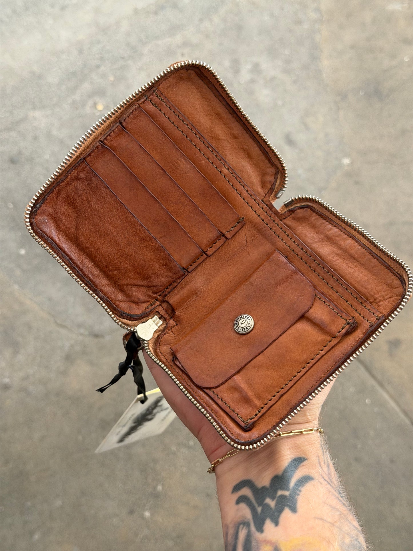 Campomaggi Leather Embossed Zip Bifold Wallet in Cognac