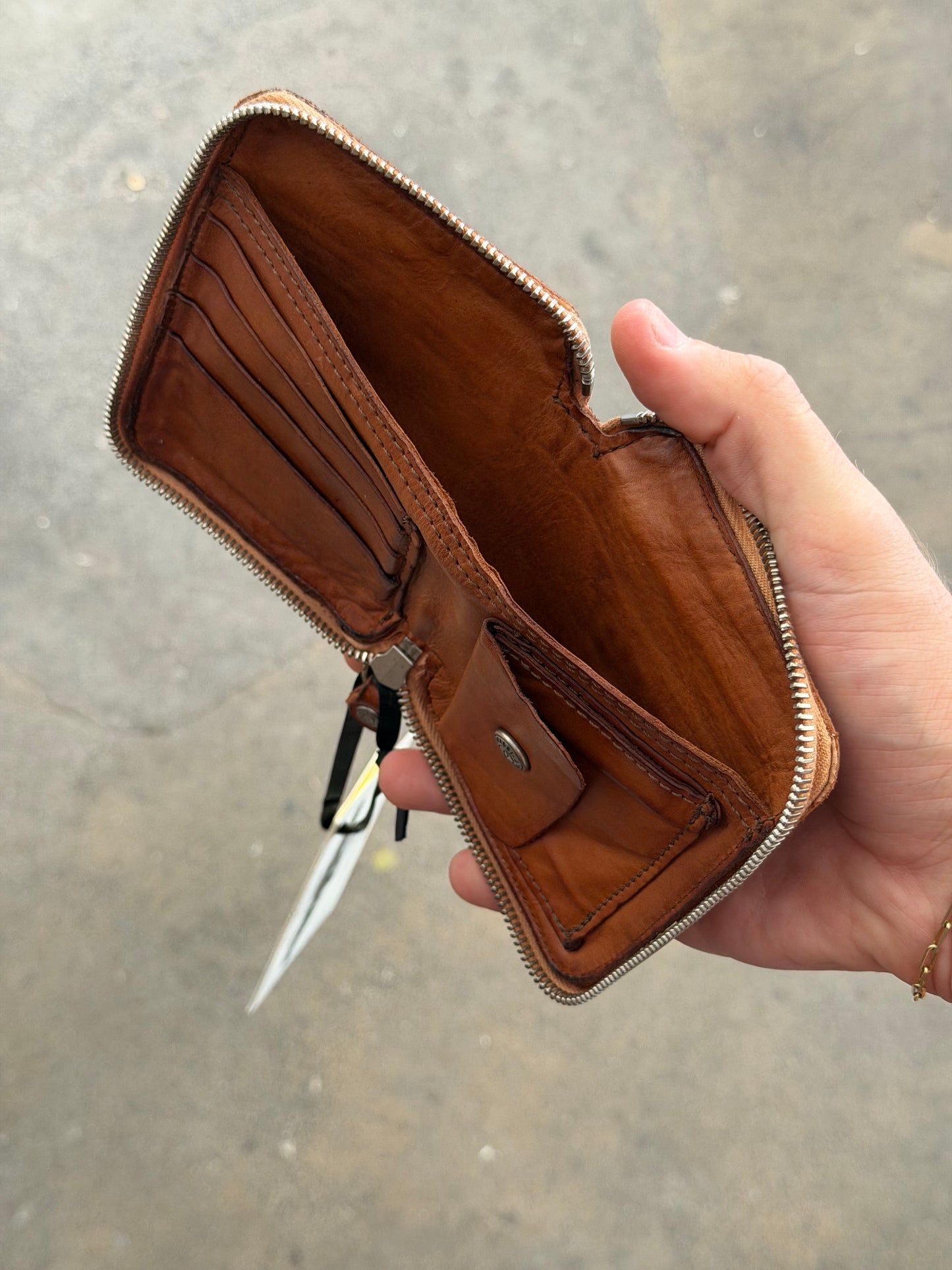 Campomaggi Leather Embossed Zip Bifold Wallet in Cognac