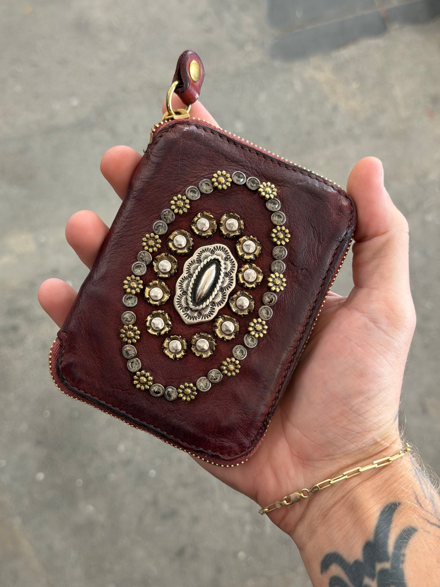 Campomaggi Leather Studded & Embellished Bifold Zip Wallet in Vinaccia