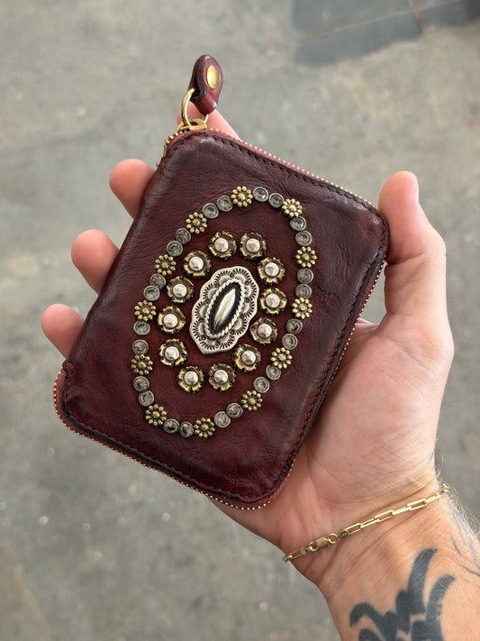 Campomaggi Leather Studded & Embellished Bifold Zip Wallet in Vinaccia