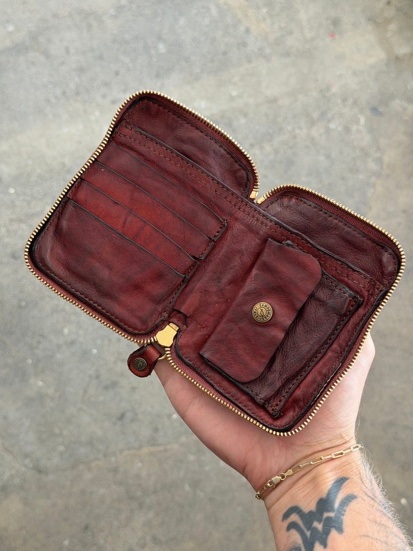 Campomaggi Leather Studded & Embellished Bifold Zip Wallet in Vinaccia