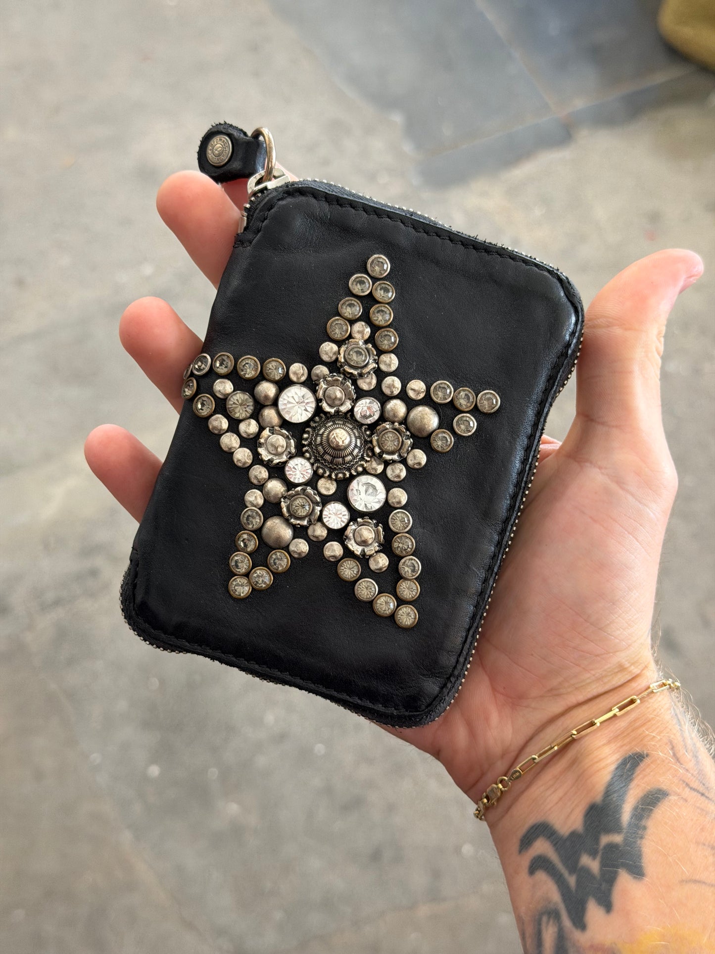 Campomaggi Leather Studded & Embellished Zip Bifold Wallet in Black