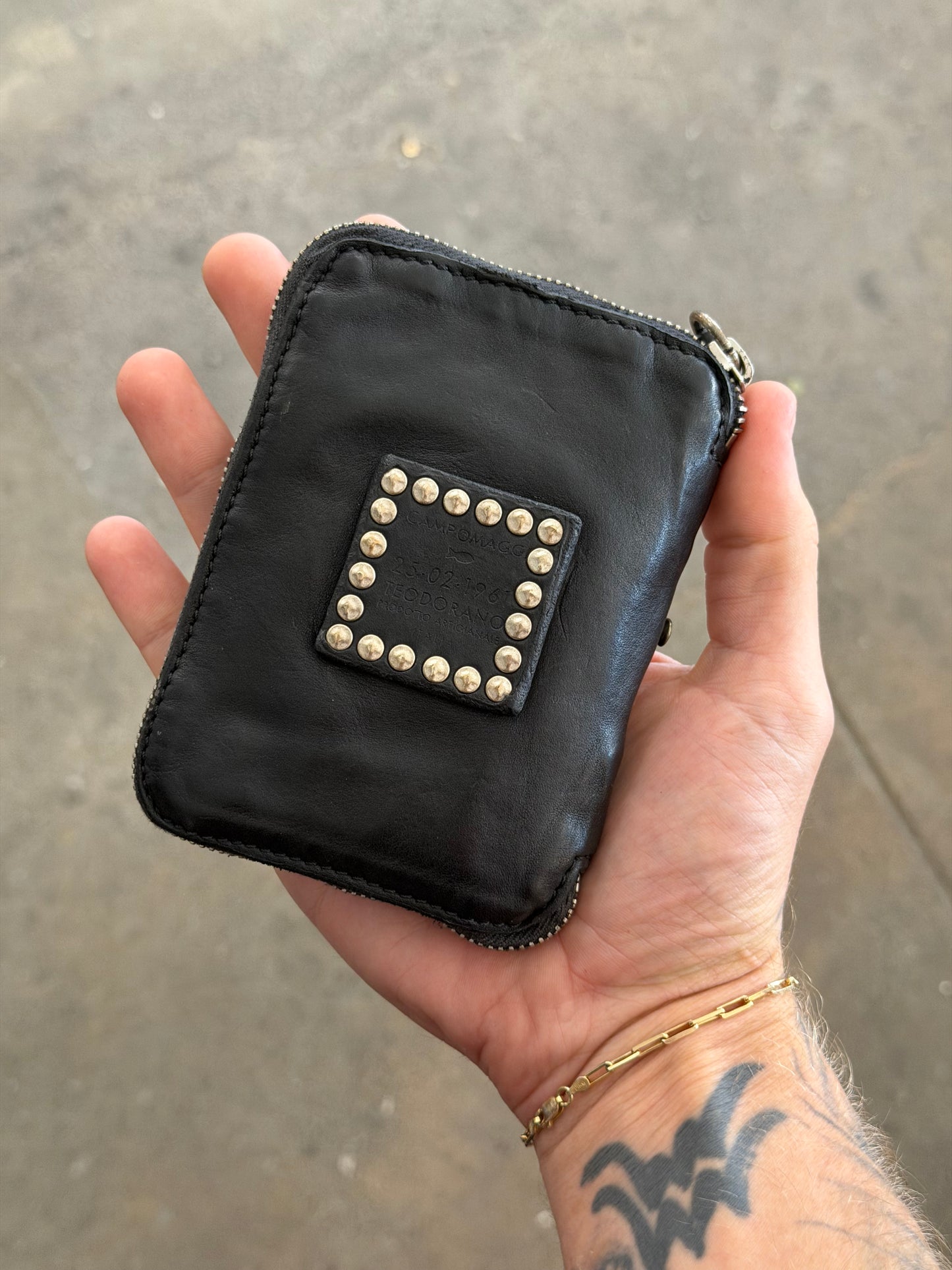 Campomaggi Leather Studded & Embellished Zip Bifold Wallet in Black