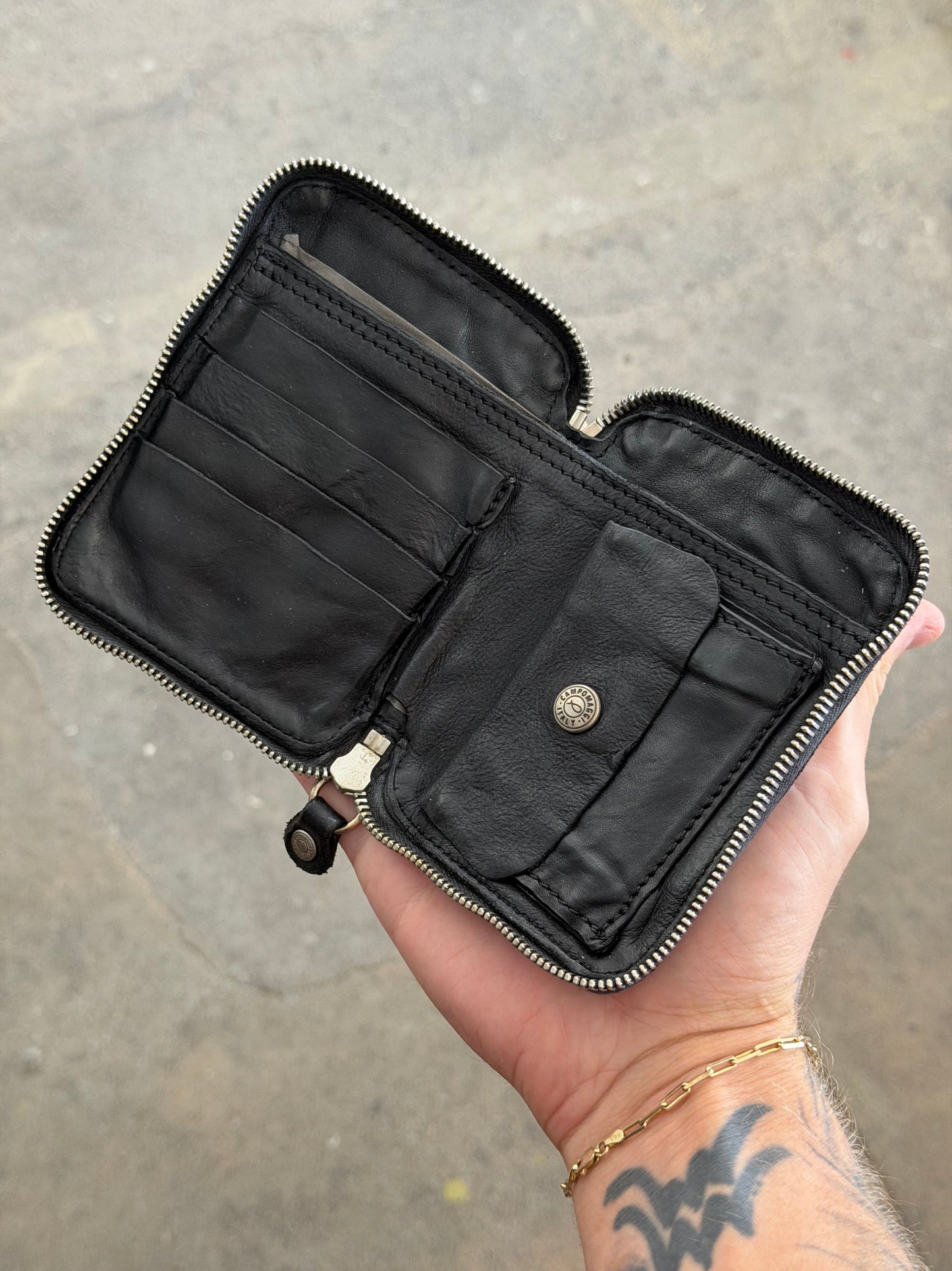 Campomaggi Leather Studded & Embellished Zip Bifold Wallet in Black