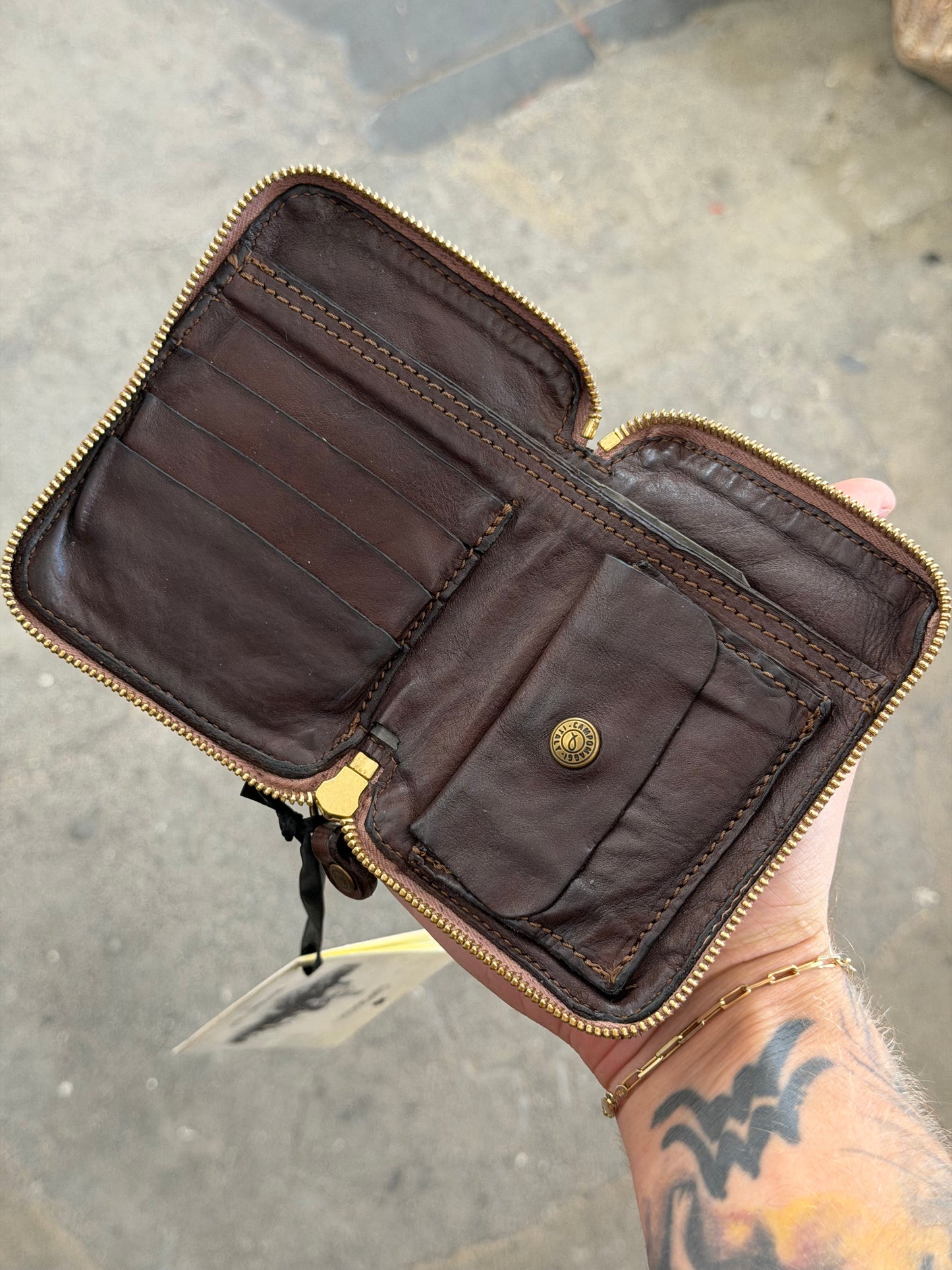 Campomaggi Leather & Laser Engraved Zip Bifold Wallet in Moro