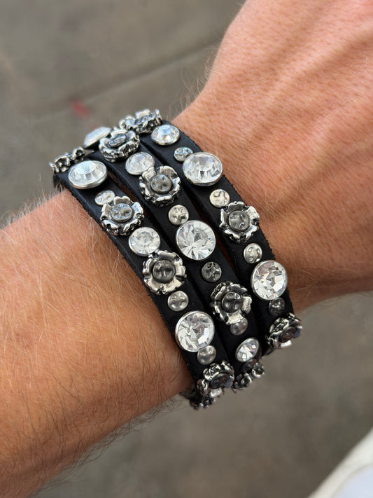 Campomaggi Leather Studded & Embellished Cuff Bracelet in Black