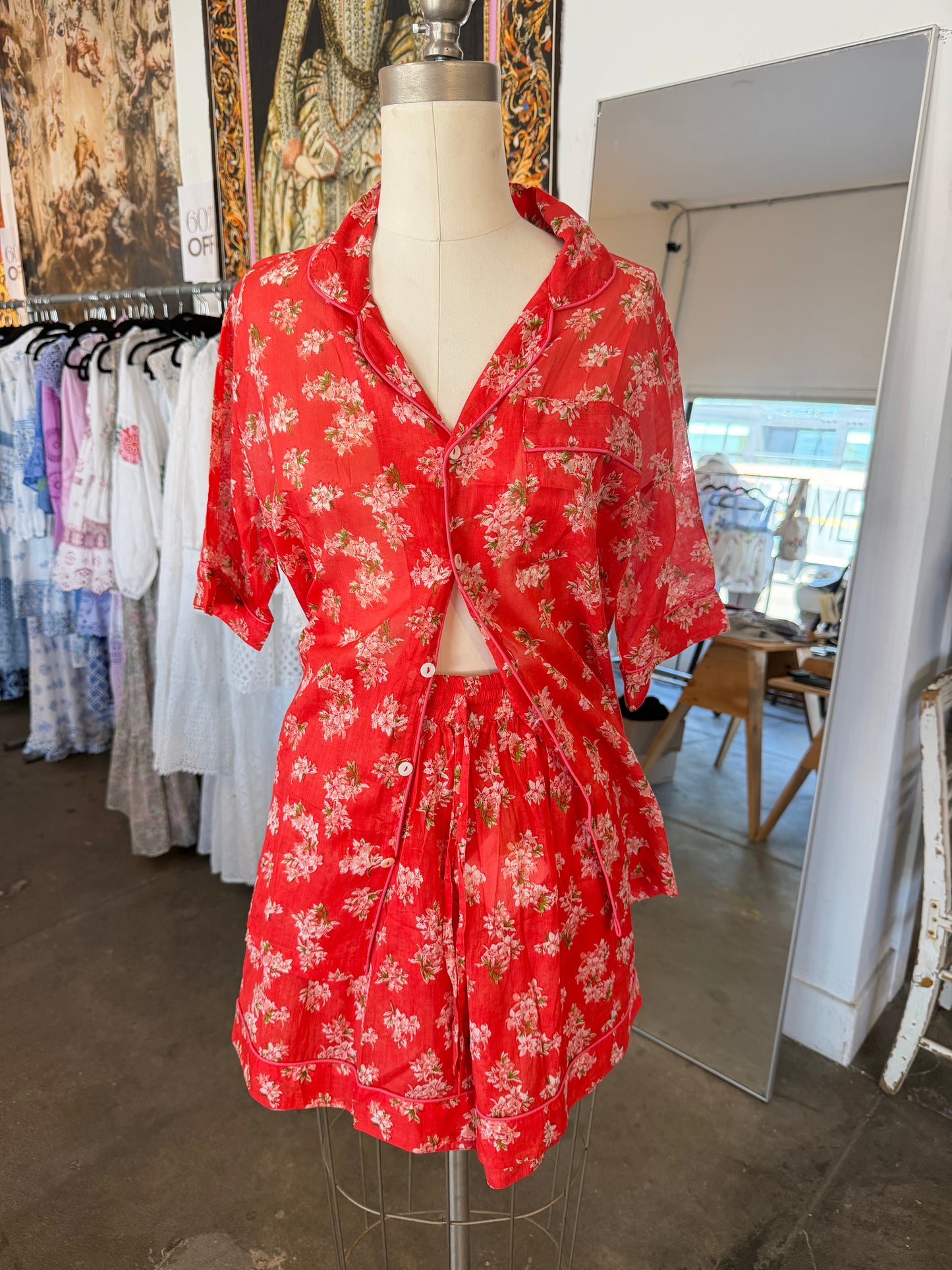 Nimbu Printed Pajama Set in Flory Red