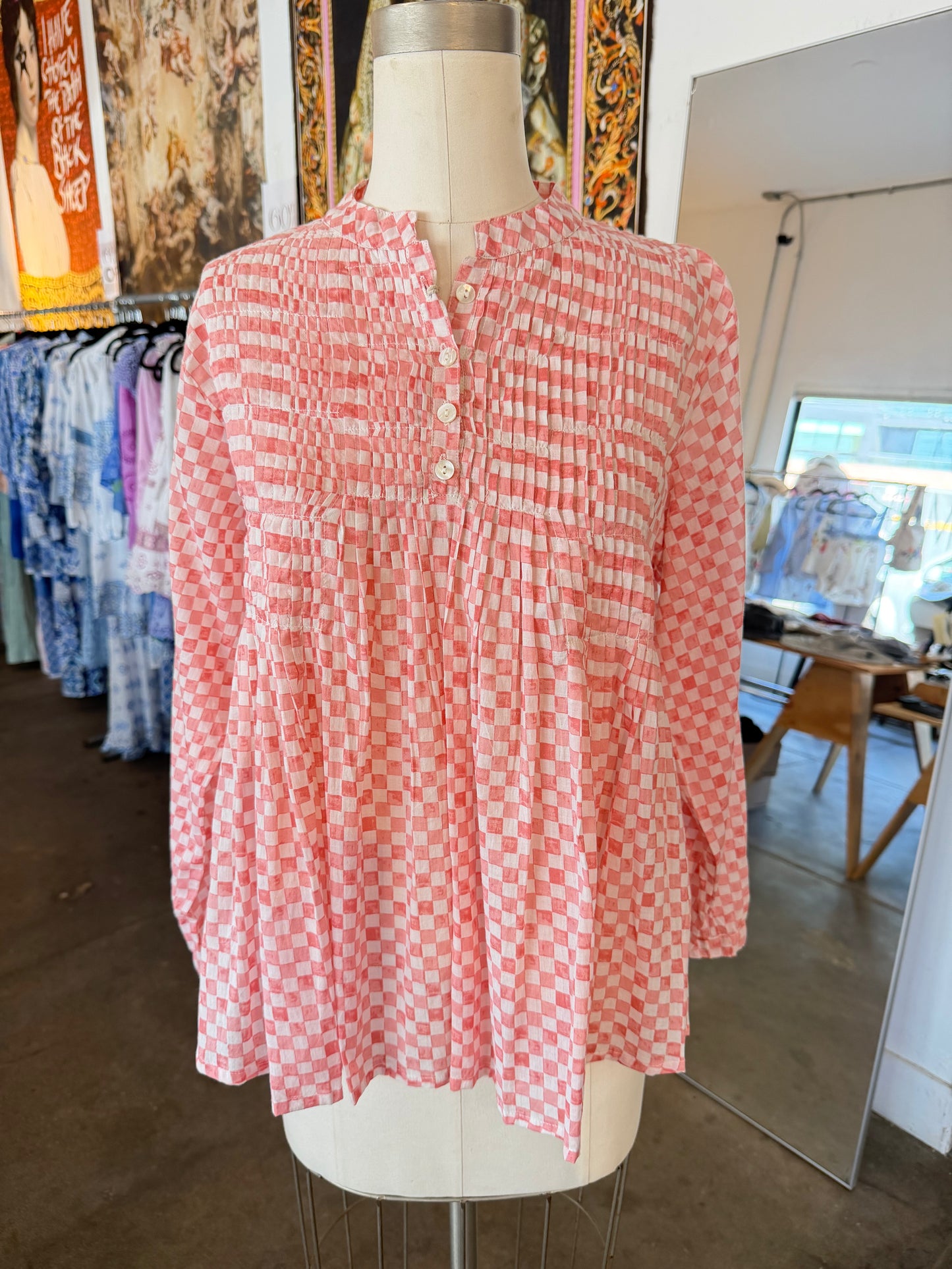 Nimbu Long Sleeve Arhat Blouse in Checks Pink