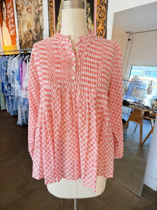 Nimbu Long Sleeve Arhat Blouse in Checks Pink
