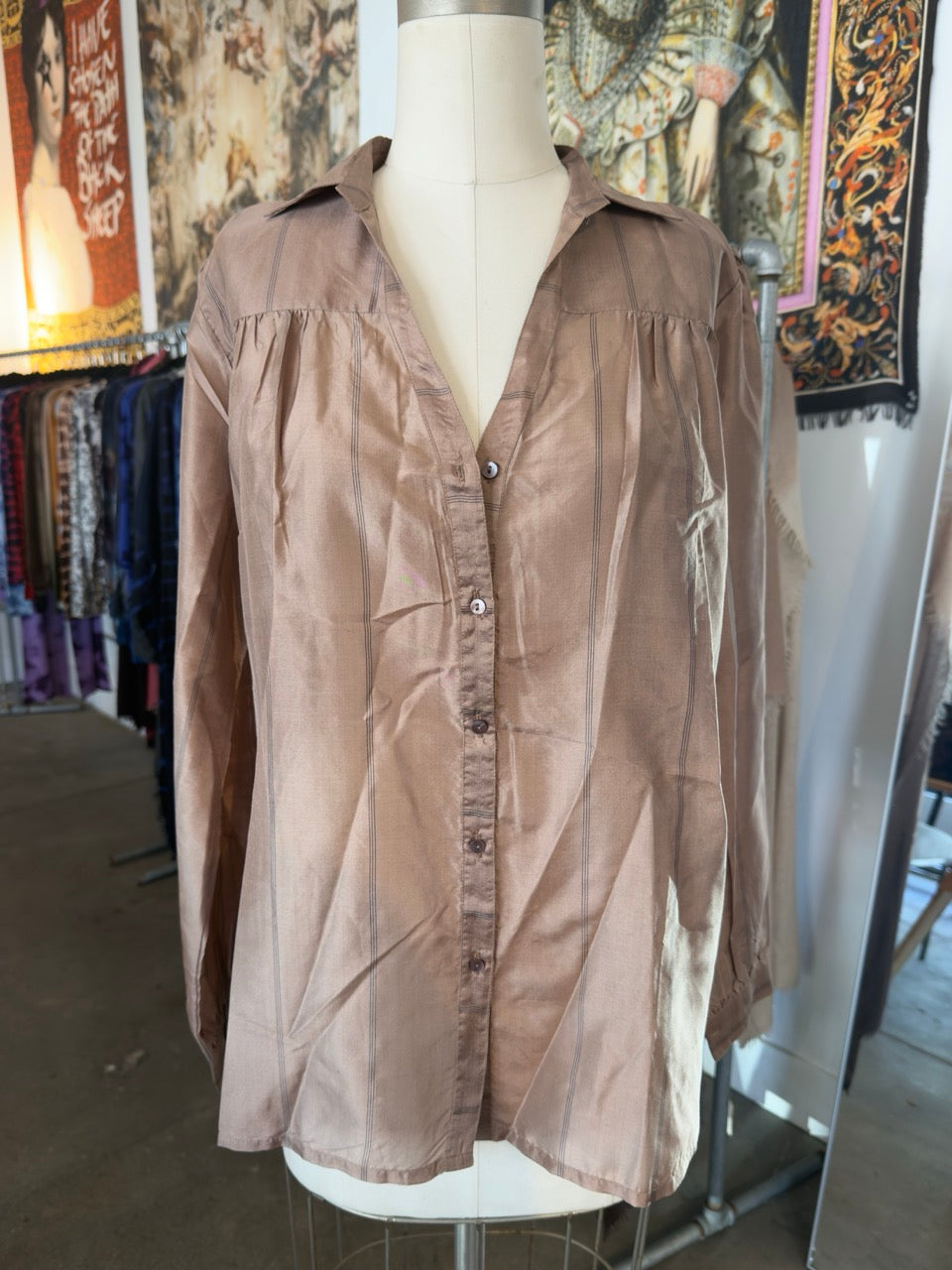 Nimbu Mae Stripe Silk Tortora Button Down Shirt