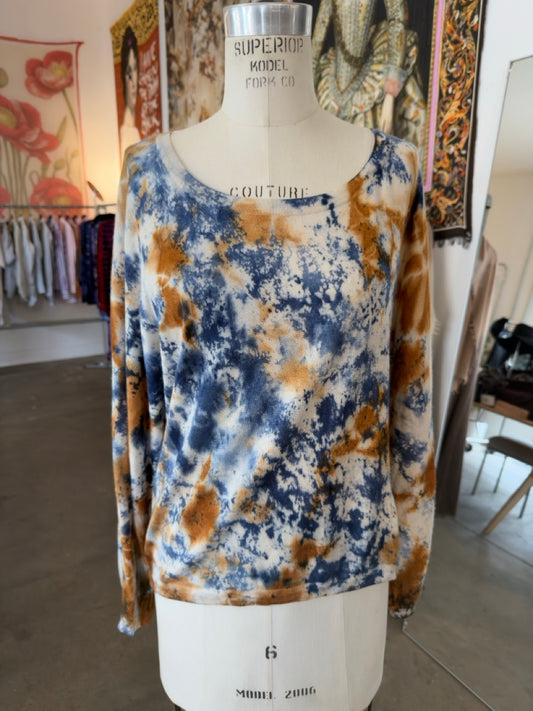 Parker Blue Cashmere Off The Shoulder Long Sleeve Tie Dye Sweater