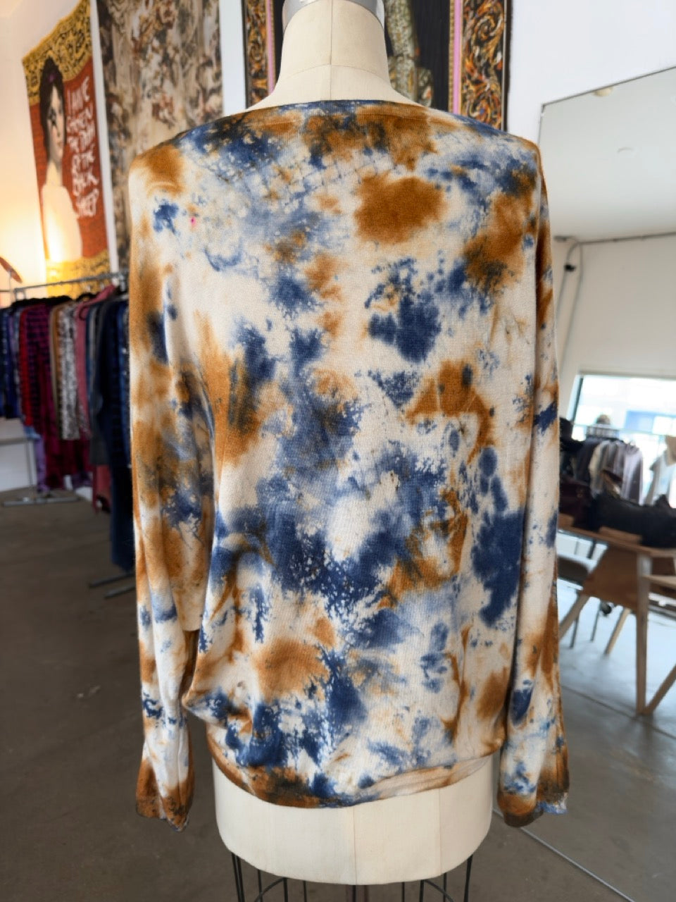 Parker Blue Cashmere Off The Shoulder Long Sleeve Tie Dye Sweater