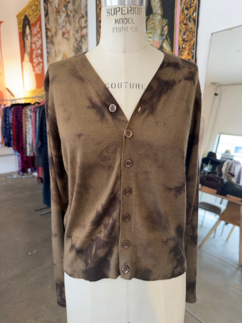 Parker Blue Cashmere Button Down Cardigan in Olive & Walnut