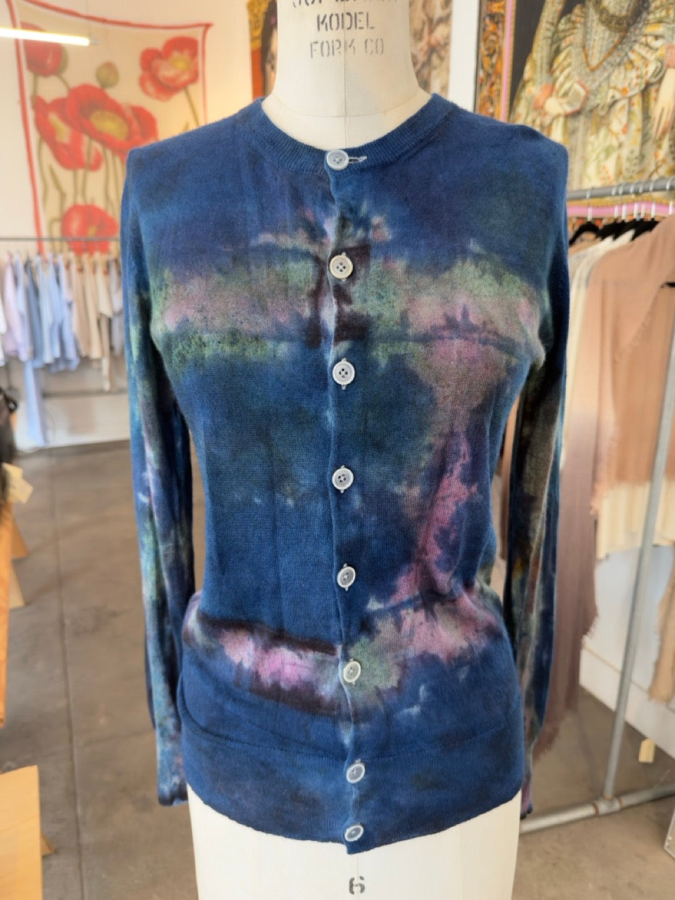 Parker Blue Cashmere Long Sleeve Button Down Cardigan in Tie Dye