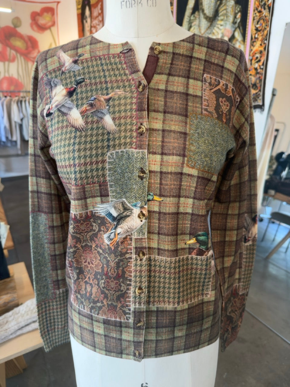 Jei's Reversible Merino Wool Button Down Cardigan in Kaki Print