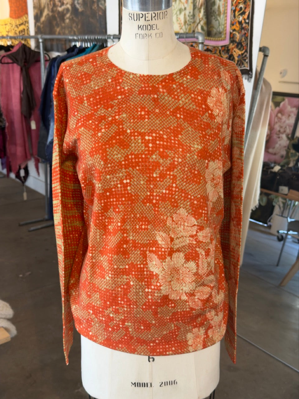 Jei's Merino Wool Long Sleeve Sweater in Orange Print